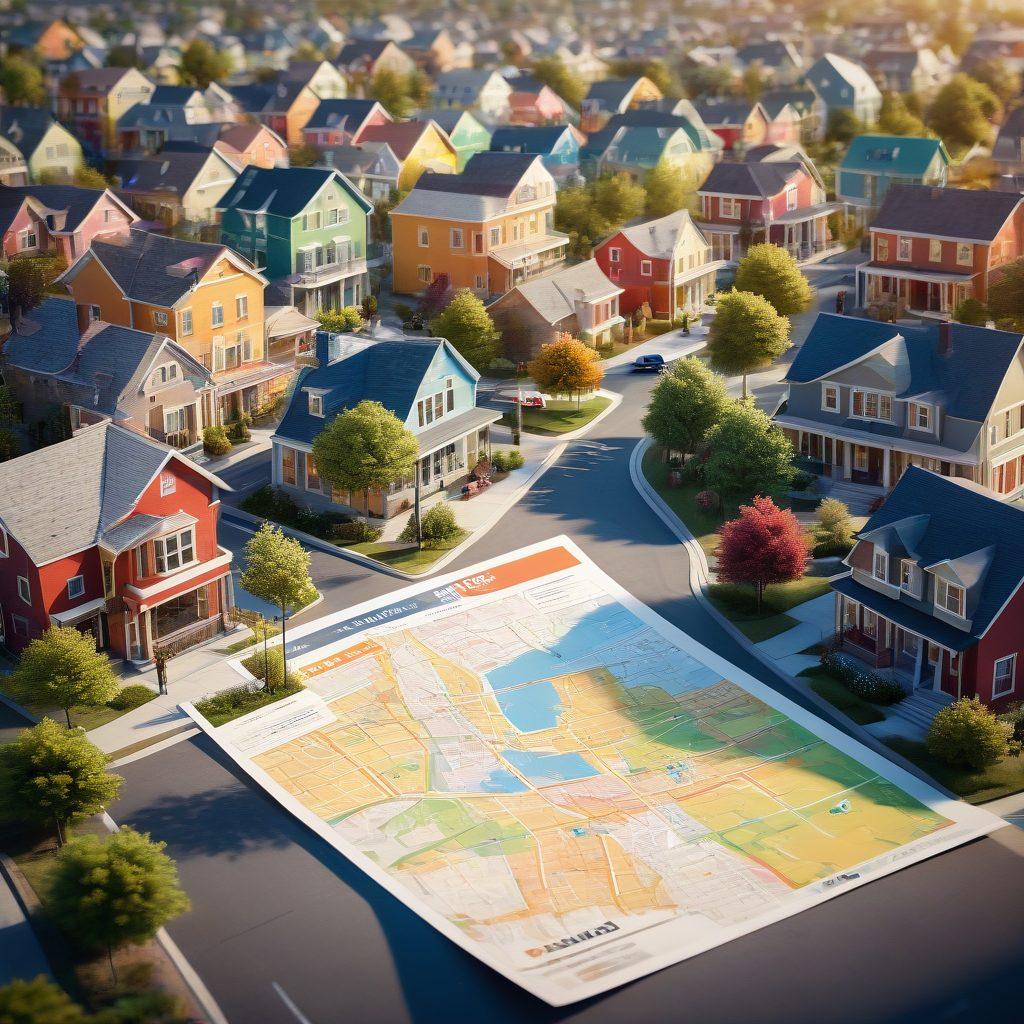 A dynamic urban landscape featuring a diverse group of first-time homebuyers exploring various housing options, with colorful 'For Sale' signs in front of modern homes and cozy apartments. Include elements like a map and a checklist in the foreground, capturing the excitement and anxiety of house hunting. Incorporate warm, inviting colors to evoke a sense of opportunity and hope. super-realistic. vibrant colors. 3D.