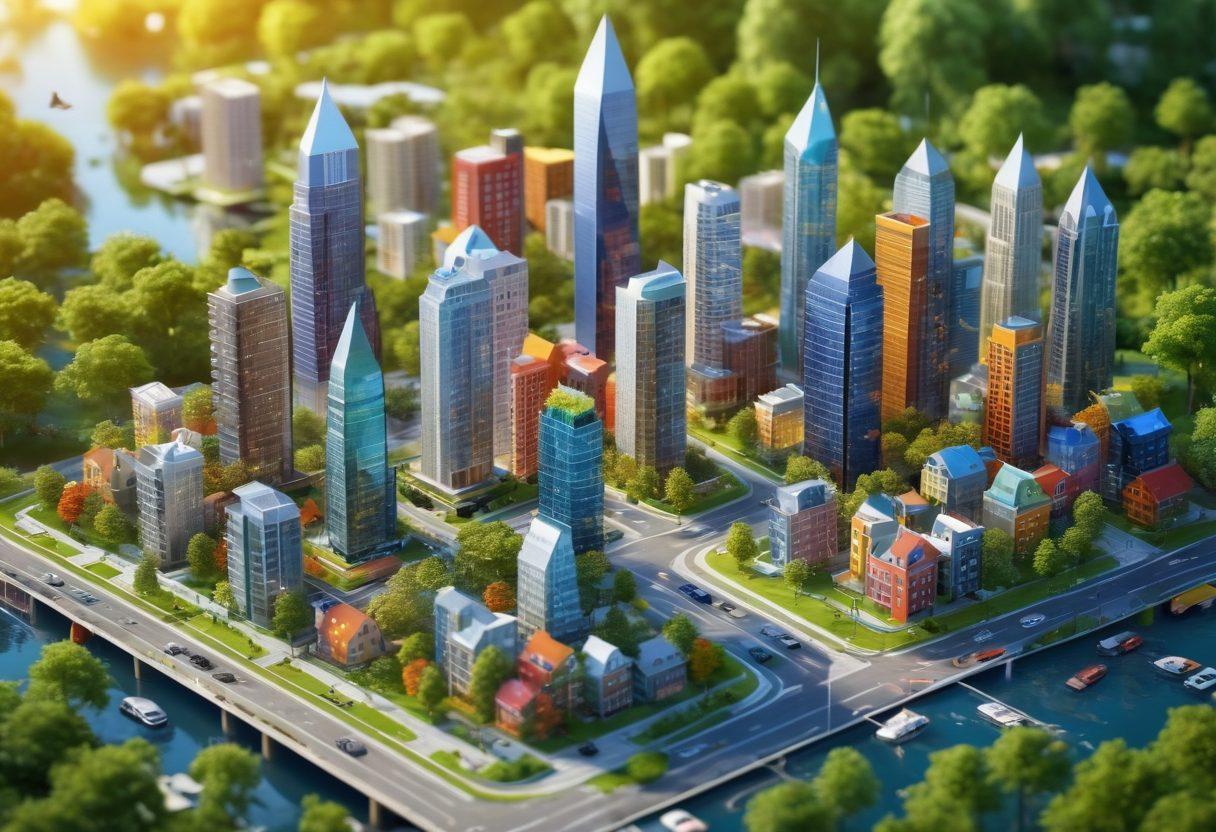 A sophisticated city skyline intertwined with lush green parks, showcasing modern high-rise apartments and cozy houses, with a diverse group of people examining property blueprints and discussing investment strategies. Elements like a magnifying glass, dollar signs, and charts floating in the background to symbolize analysis and growth. The overall mood is upbeat and optimistic, representing success in real estate. vibrant colors. 3D.