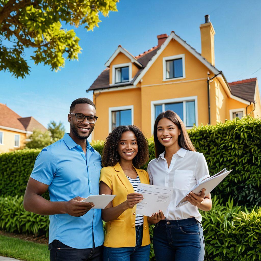 A friendly, diverse couple standing in front of a charming house with a 'For Sale' sign, holding a clipboard and looking at a housing market brochure. Surround them with lush greenery and a clear blue sky, symbolizing hope and opportunity. Include subtle icons of growth like a rising graph and a house key in the background. warm colors. vector art. inviting atmosphere.